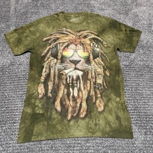 The Mountain Mens T Shirt L Olive Green Tie Dye Rasta Lion Dreadlocks Headphones